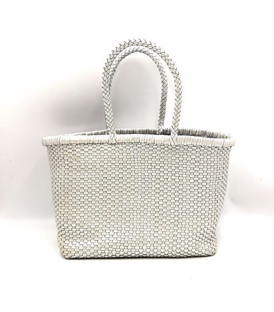 Genuine Leather Hand Woven Bamboo Style Ladies Tote Bag - HELEN - METALLIC SILVER