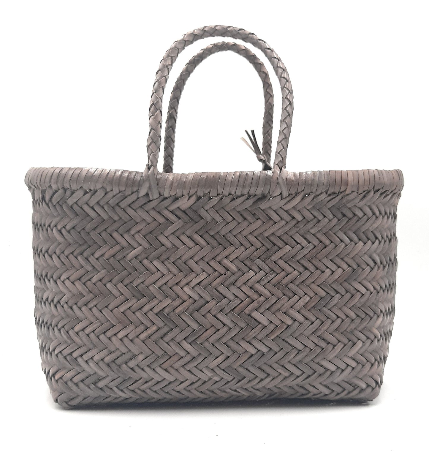 Genuine Leather Hand Woven Triple Jump Bamboo Style Ladies Tote Bag - CINDRELLA - LIGHT GRAY
