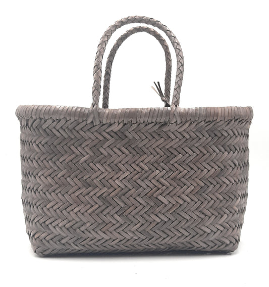 Genuine Leather Hand Woven Triple Jump Bamboo Style Ladies Tote Bag - CINDRELLA - LIGHT GRAY
