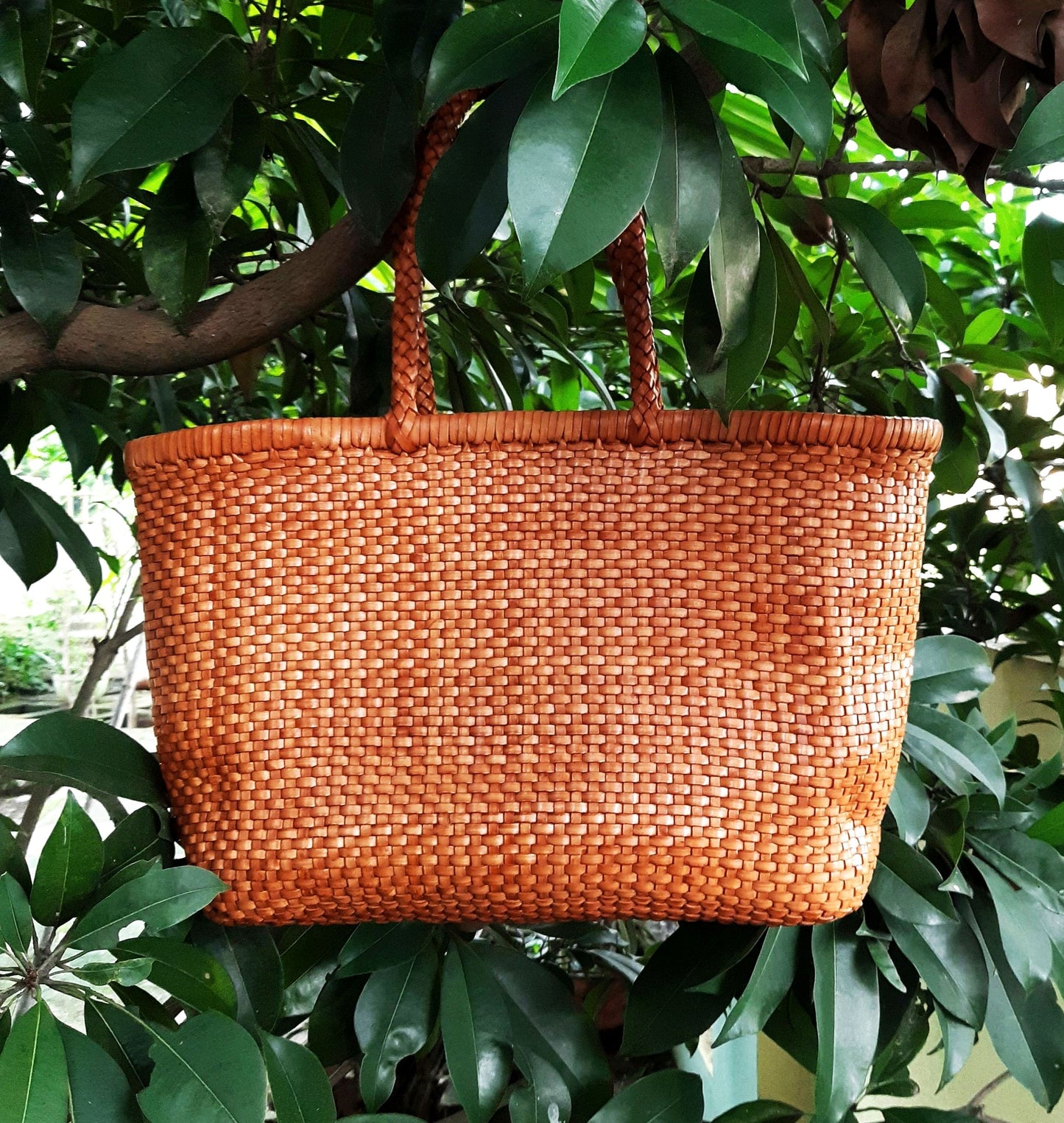 Genuine Leather Hand Woven Bamboo Style Ladies Tote Bag - HELEN - TAN