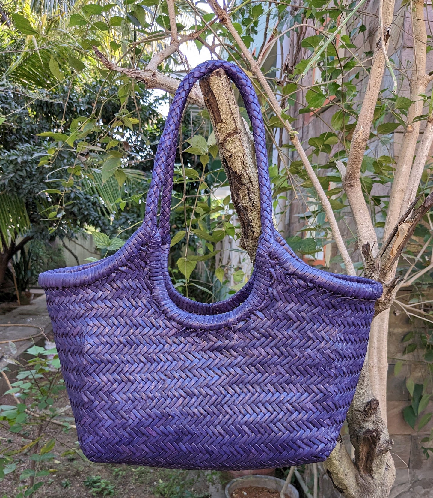 Genuine Leather Hand Woven Ladies Hobo Bag - MONALISA - PURPLE
