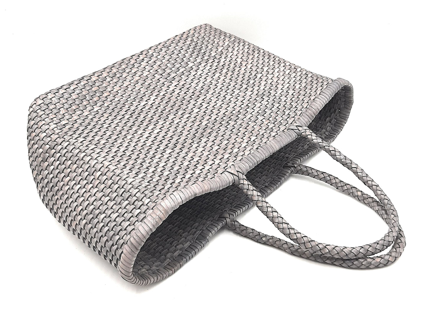 Genuine Leather Hand Woven Bamboo Style Ladies Tote Bag - HELEN - STEEL GRAY