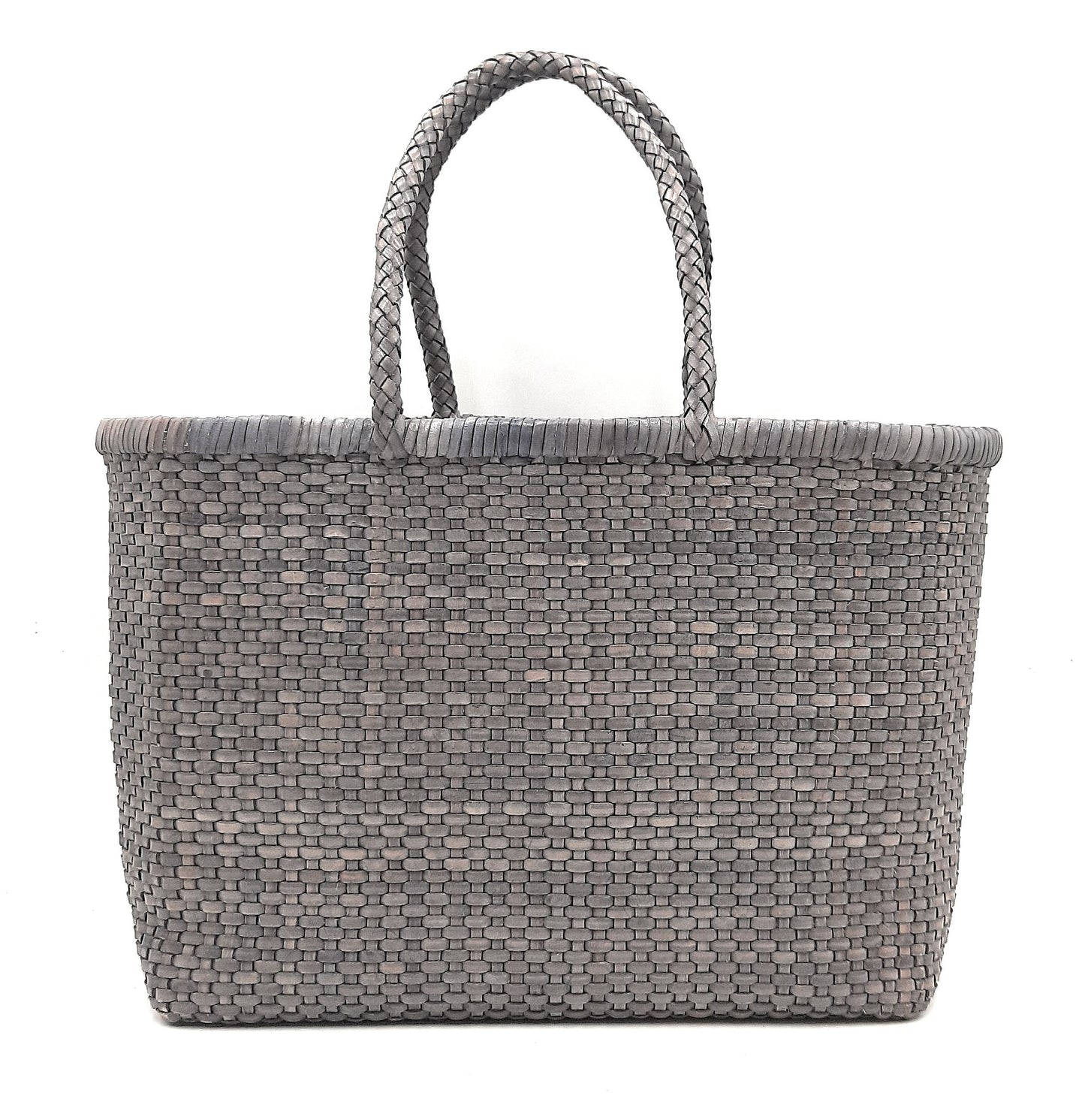 Genuine Leather Hand Woven Bamboo Style Ladies Tote Bag - HELEN - STEEL GRAY