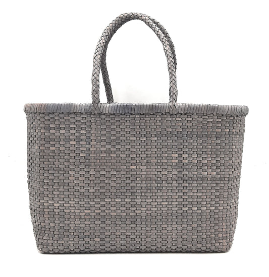 Genuine Leather Hand Woven Bamboo Style Ladies Tote Bag - HELEN - STEEL GRAY