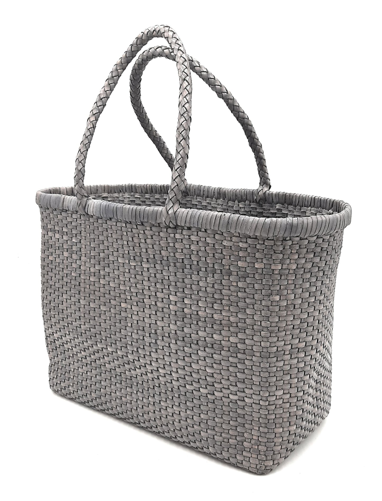 Genuine Leather Hand Woven Bamboo Style Ladies Tote Bag - HELEN - STEEL GRAY