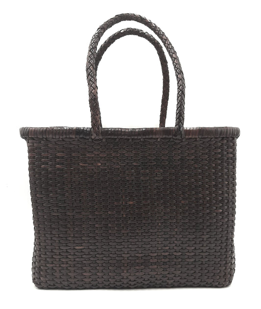 Genuine Leather Hand Woven Bamboo Style Ladies Tote Bag - HELEN - DARK BROWN