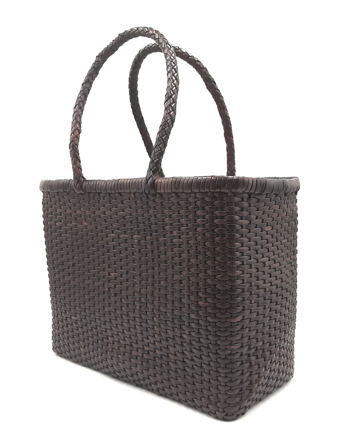 Genuine Leather Hand Woven Bamboo Style Ladies Tote Bag - HELEN - DARK BROWN
