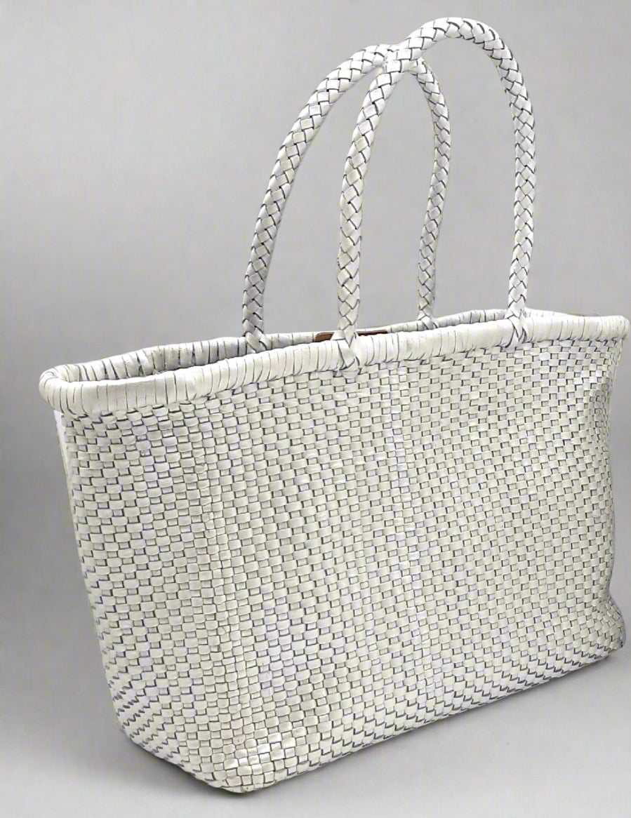 Genuine Leather Hand Woven Bamboo Style Ladies Tote Bag - HELEN - METALLIC SILVER