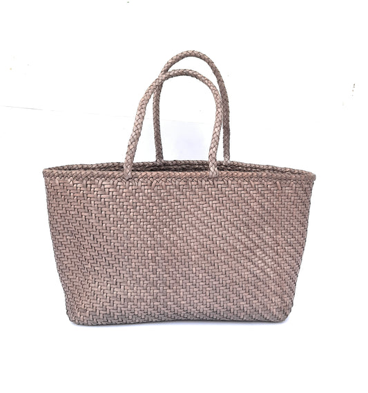 Genuine Leather Hand Woven Bamboo Style Ladies Tote Bag - HELEN - LIGHT GRAY