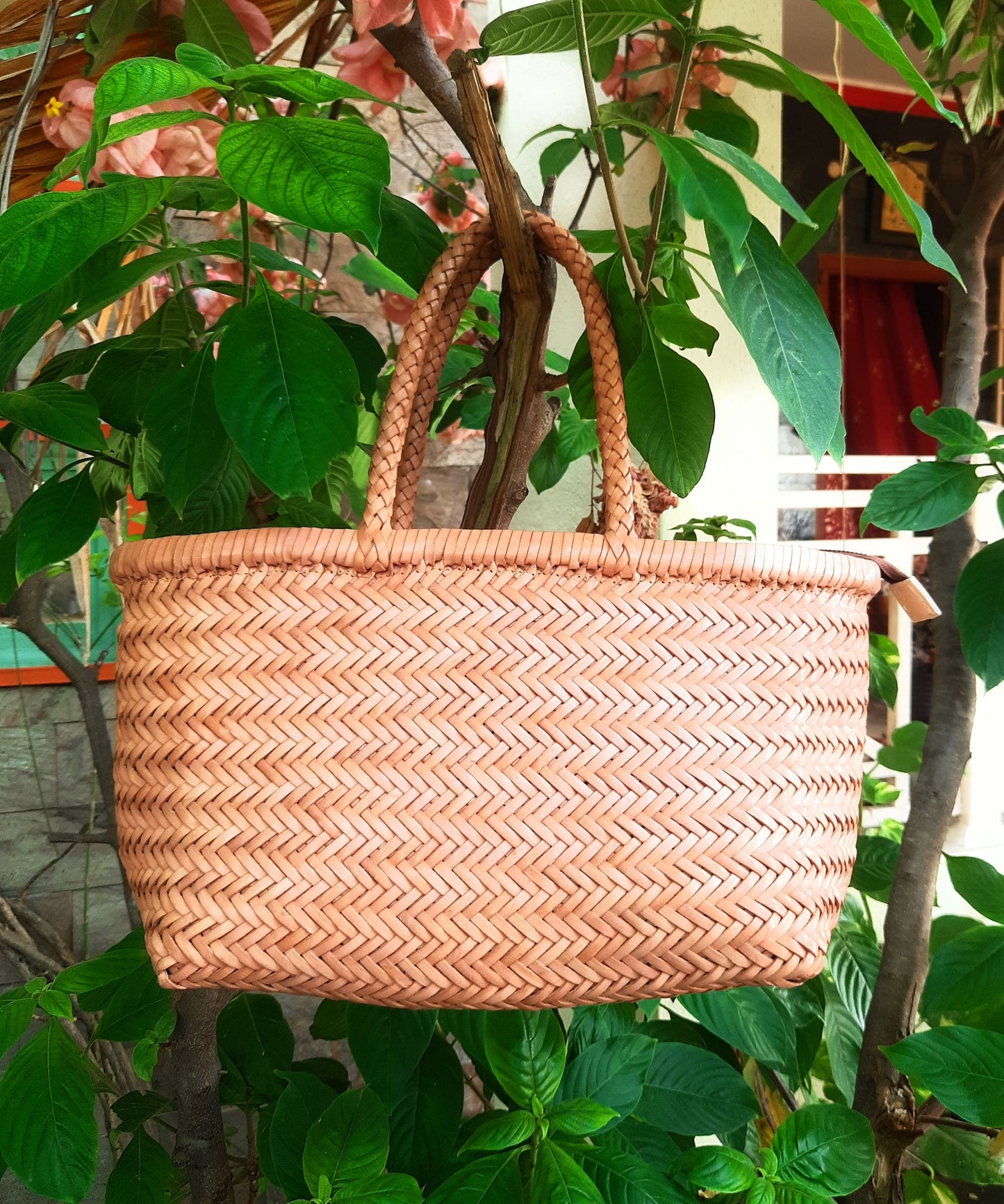 Genuine Leather Hand Woven Triple Jump Bamboo Style Ladies Tote Bag - CINDRELLA - BEIGE