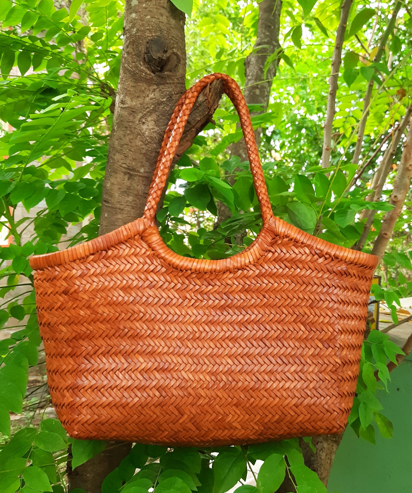 Genuine Leather Hand Woven Triple Jump Bamboo Style Ladies Tote Bag - CINDRELLA - TAN