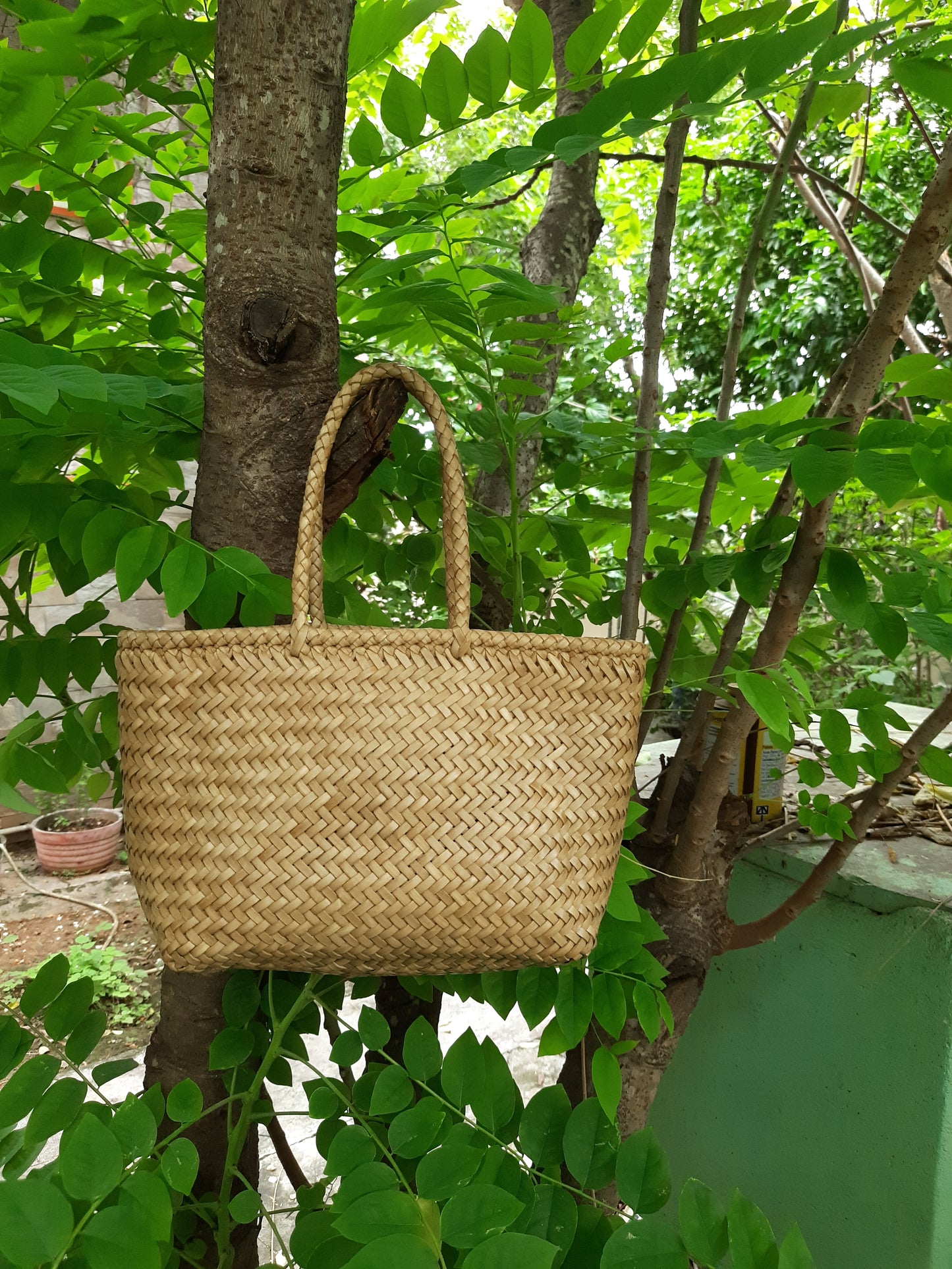 Woven leather bag hanging on a tree branch with green foliage in the background