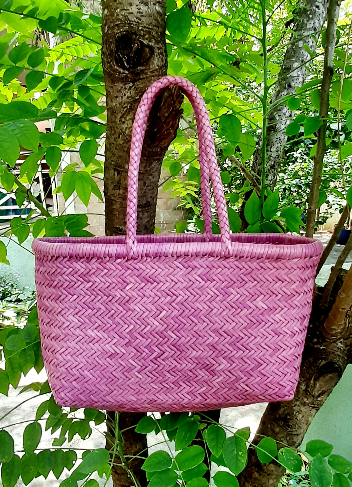 Genuine Leather Hand Woven Triple Jump Bamboo Style Ladies Tote Bag - CINDRELLA - LILAC