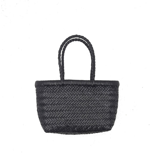 Genuine Leather Hand Woven Triple Jump Bamboo Style Ladies Tote Bag - CINDRELLA - BLACK