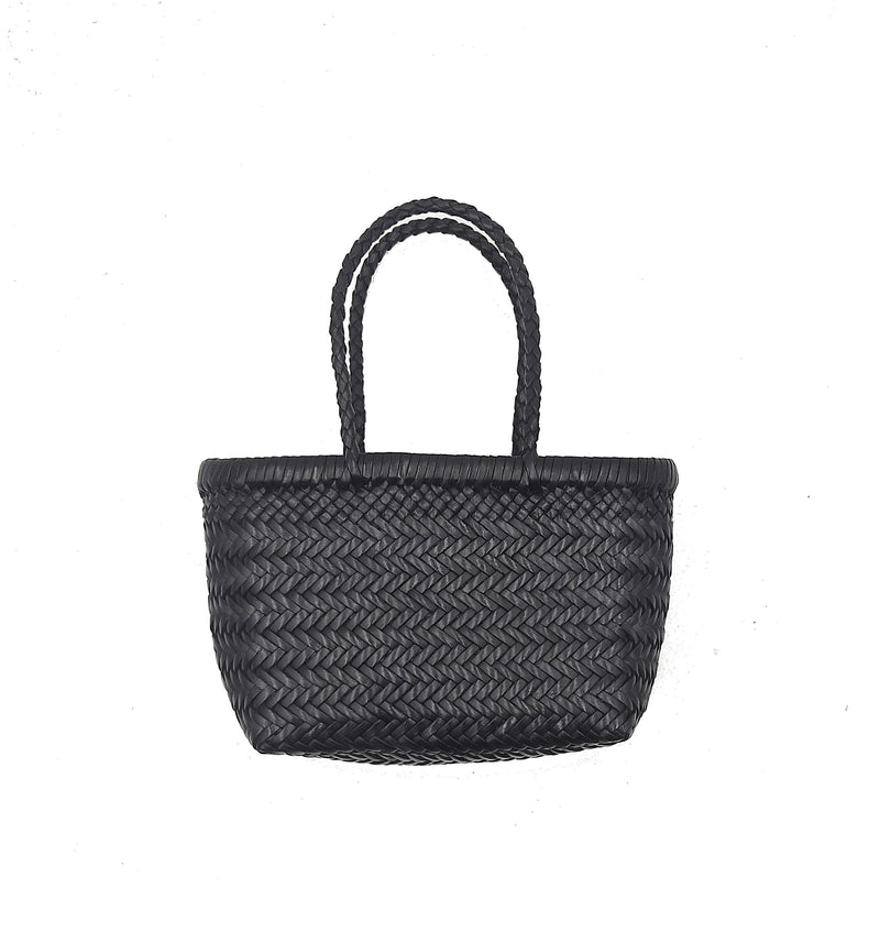 真皮手工编织三级跳远竹子风格女士手提包 - 灰姑娘 - 黑色