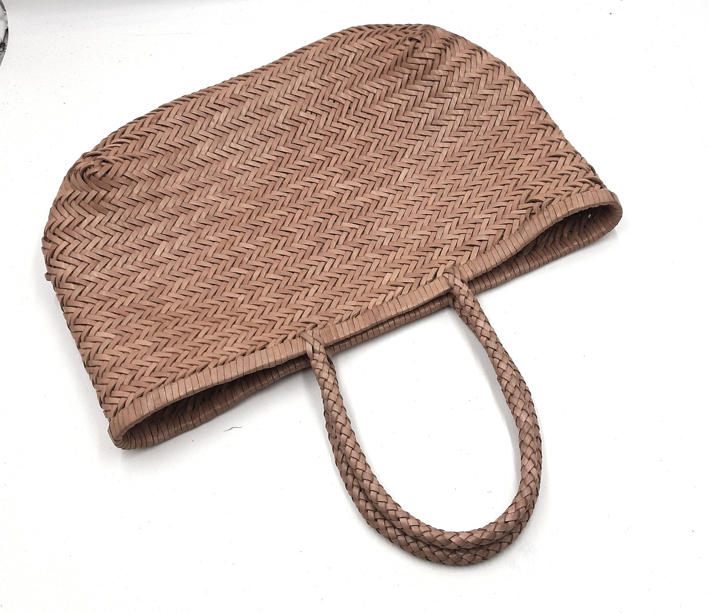 Genuine Leather Hand Woven Triple Jump Bamboo Style Ladies Tote Bag - CINDRELLA - BEIGE