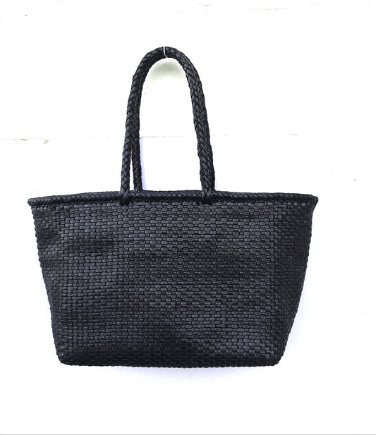 Genuine Leather Hand Woven Bamboo Style Ladies Tote Bag - HELEN - BLACK
