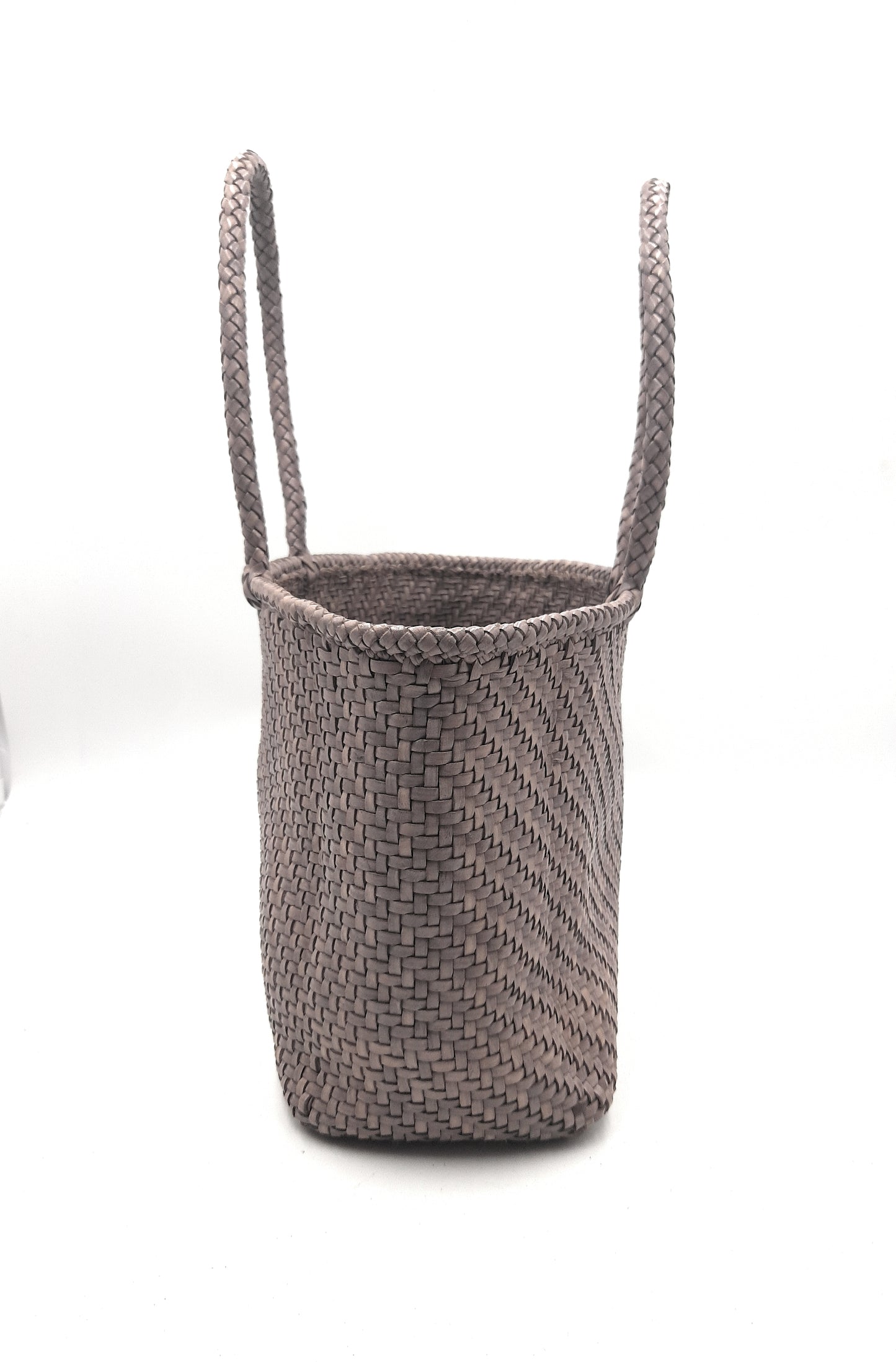 Genuine Leather Hand Woven Bamboo Style Ladies Tote Bag - HELEN - LIGHT GRAY