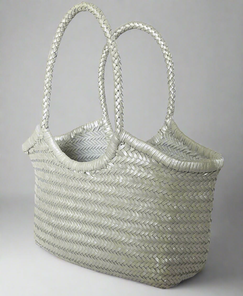 Genuine Leather Hand Woven Ladies Hobo Bag - MONALISA - METALLIC SILVER