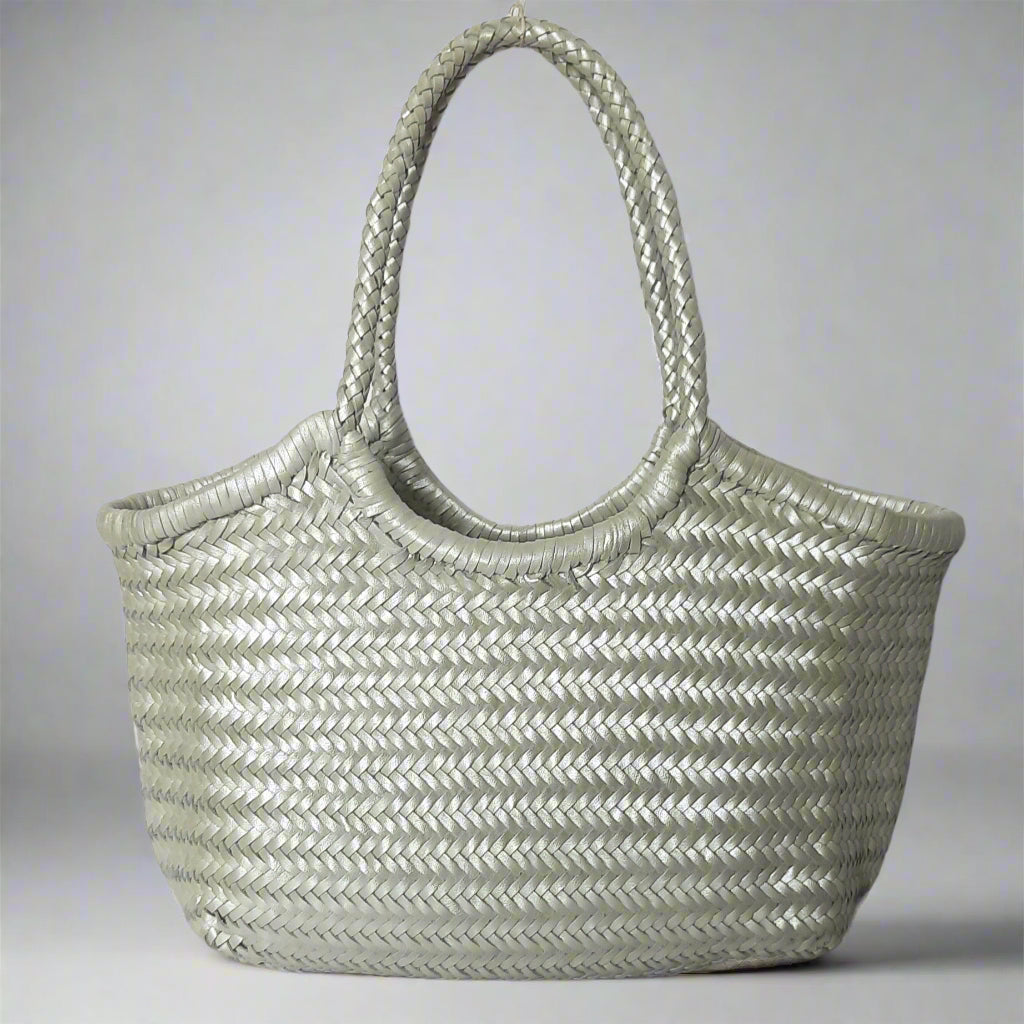 Genuine Leather Hand Woven Ladies Hobo Bag - MONALISA - METALLIC SILVER