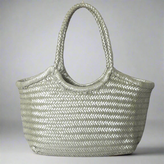 Genuine Leather Hand Woven Ladies Hobo Bag - MONALISA - METALLIC SILVER