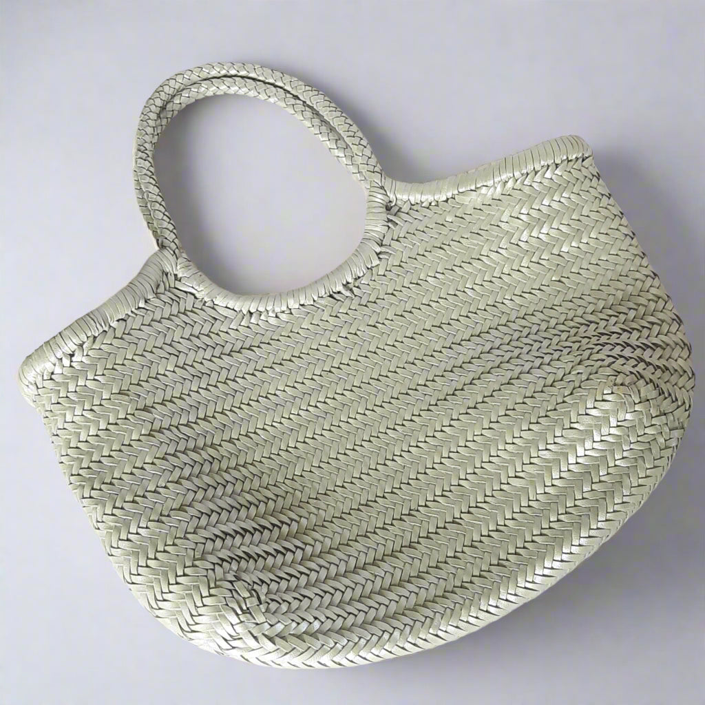 Genuine Leather Hand Woven Ladies Hobo Bag - MONALISA - METALLIC SILVER