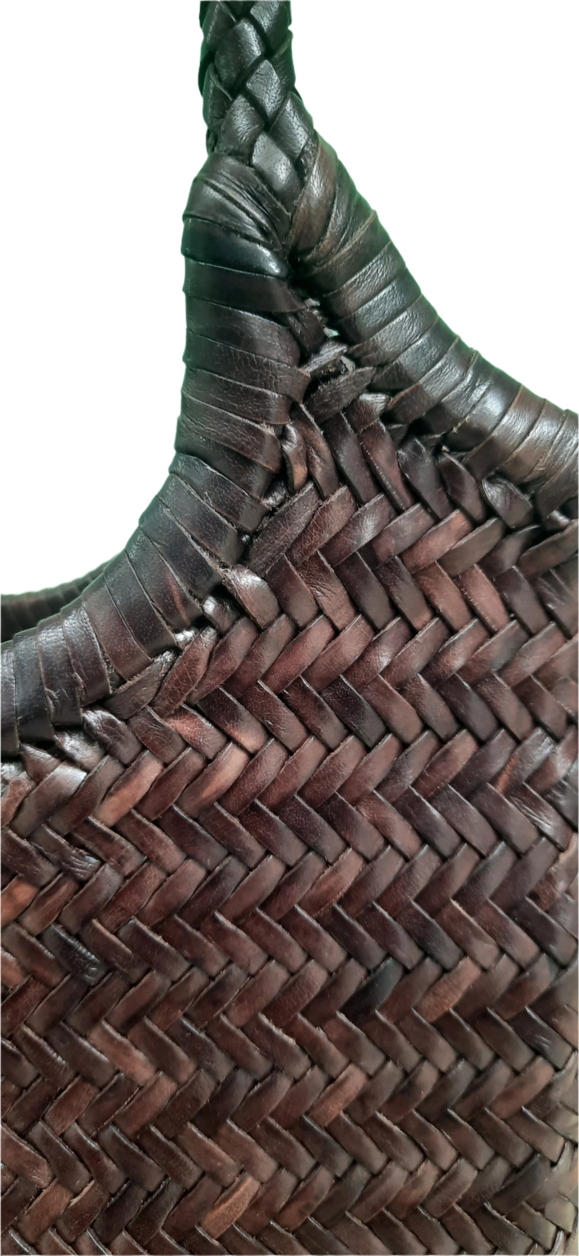 Close-up of a woven leather bags