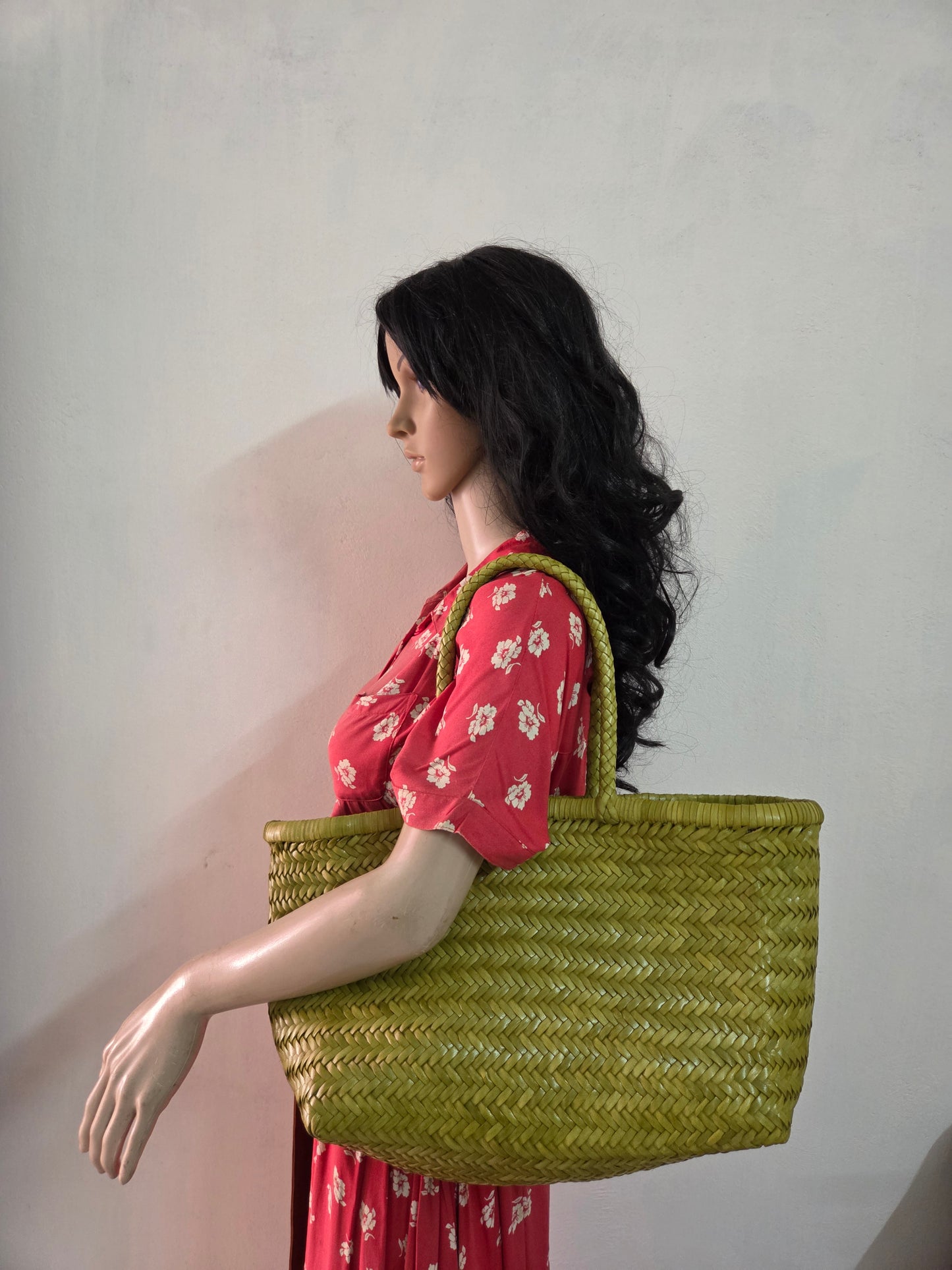 Genuine Leather Hand Woven Triple Jump Bamboo Style Ladies Tote Bag - CINDRELLA - Bamboo Green