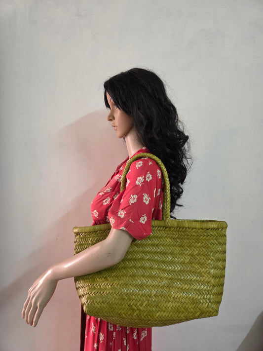 Genuine Leather Hand Woven Triple Jump Bamboo Style Ladies Tote Bag - CINDRELLA - Bamboo Green