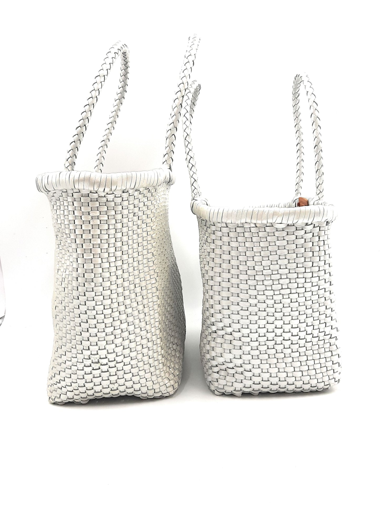 Genuine Leather Hand Woven Bamboo Style Ladies Tote Bag - HELEN - METALLIC SILVER