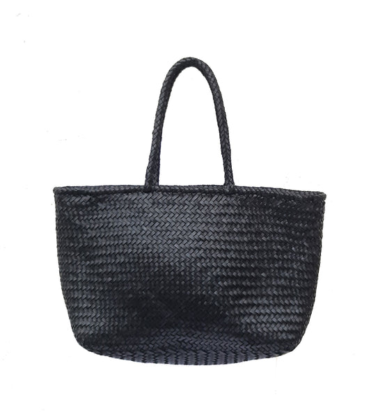 ALTICA Genuine Leather Hand Woven Crosshatch Pattern Ladies Tote Bag - DIACROSS -Black