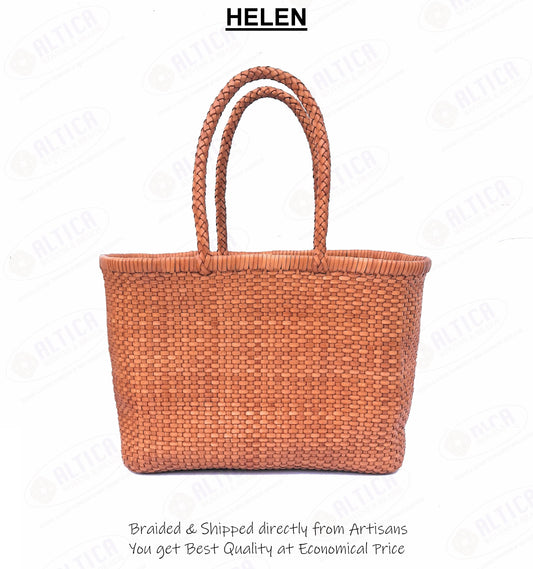 Genuine Leather Hand Woven Bamboo Style Ladies Tote Bag - HELEN - TAN