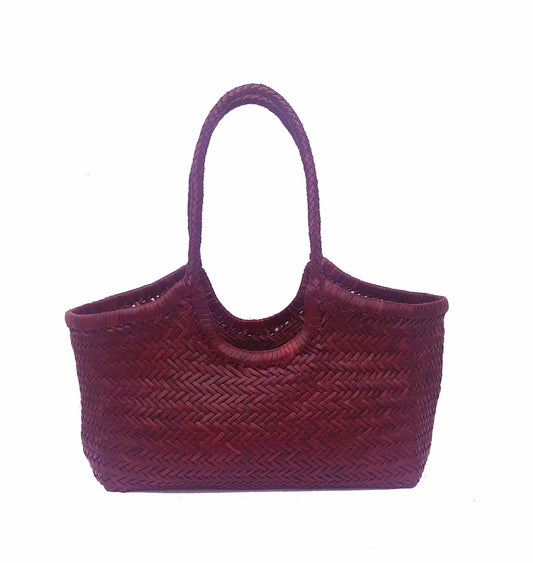 Genuine Leather Hand Woven Ladies Hobo Bag - MONALISA - BORDO