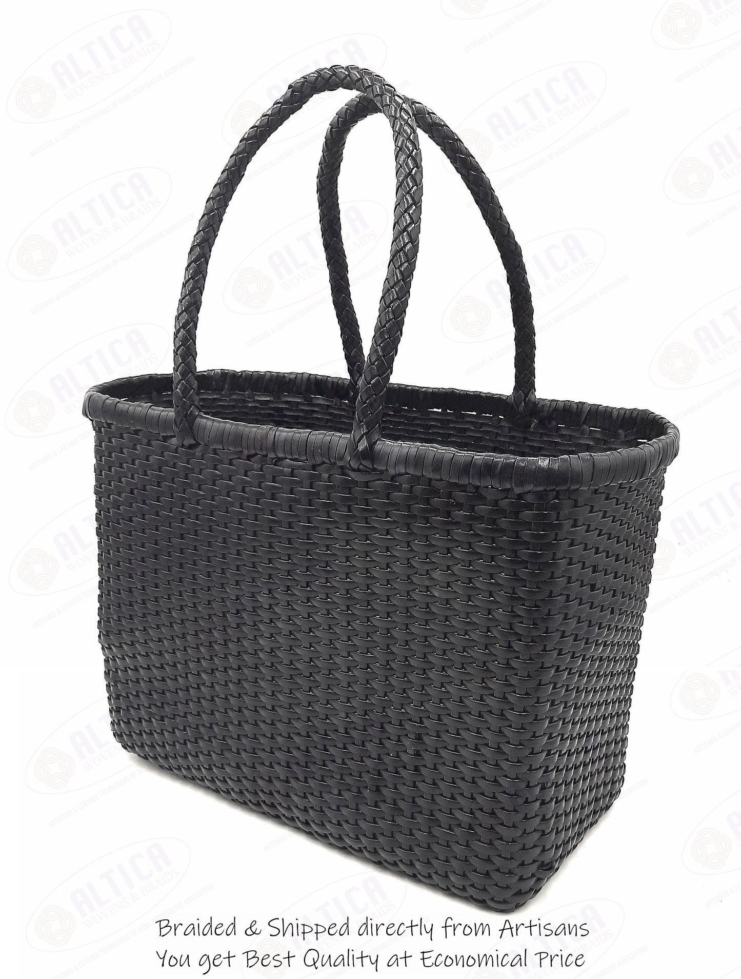 Genuine Leather Hand Woven Bamboo Style Ladies Tote Bag - HELEN - BLACK