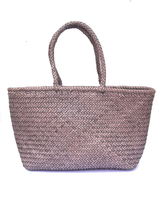 ALTICA Genuine Leather Hand Woven Crosshatch Pattern Ladies Tote Bag - DIACROSS - Light Gray