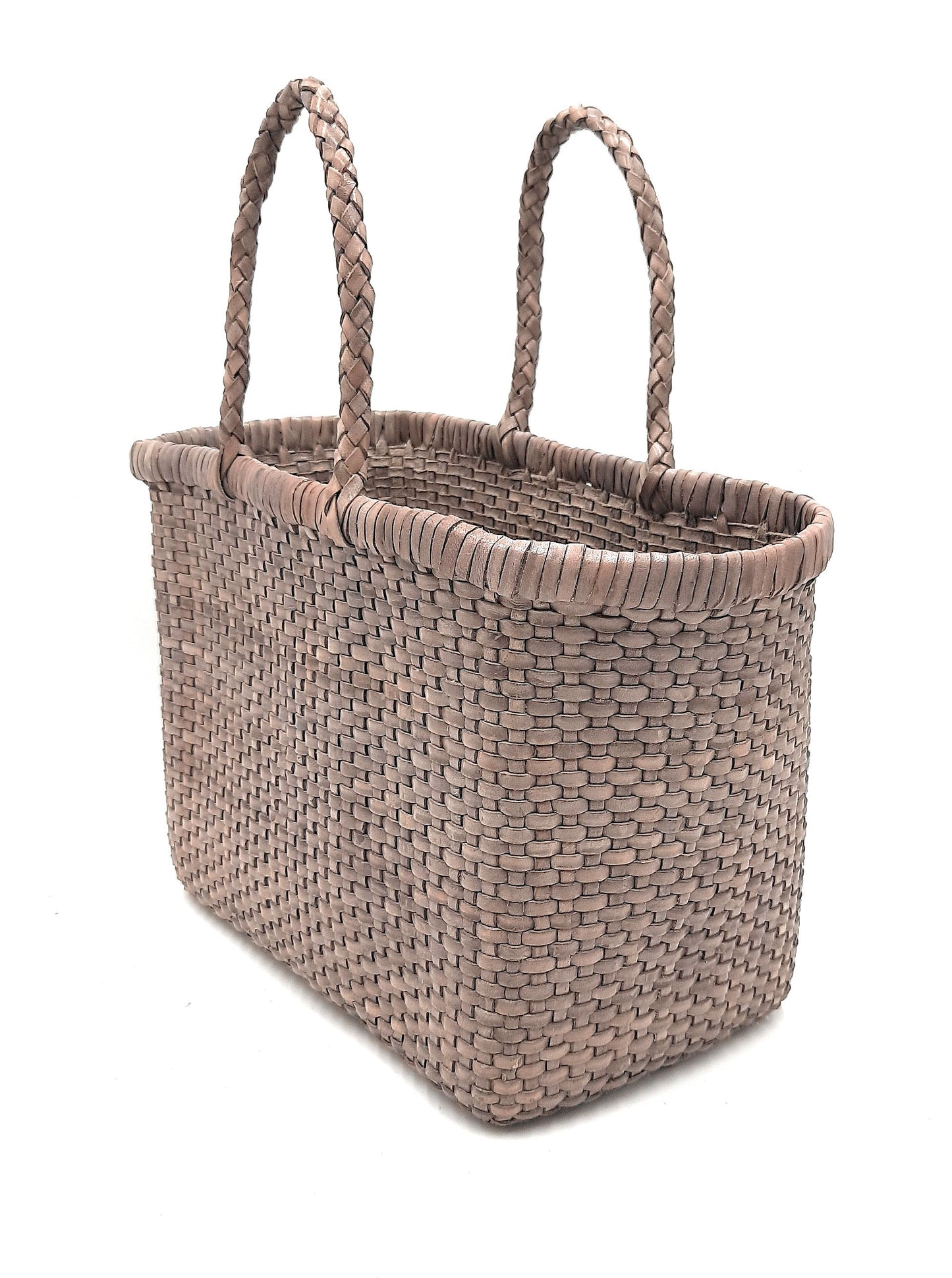 Genuine Leather Hand Woven Bamboo Style Ladies Tote Bag - HELEN - LIGHT GRAY