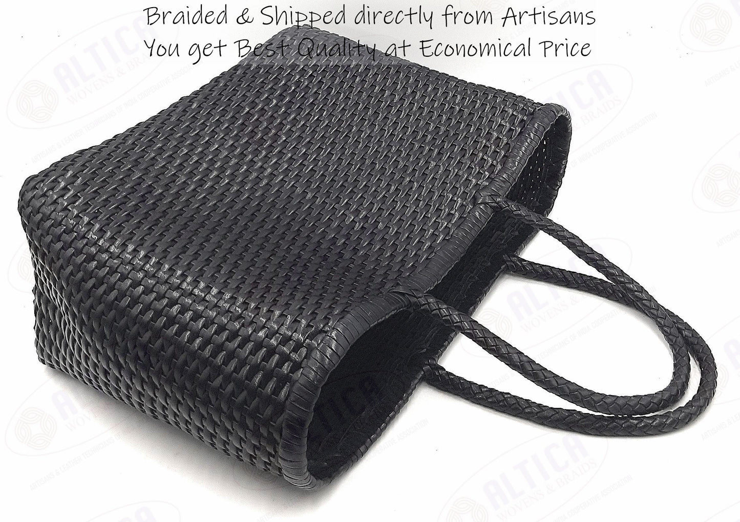 Genuine Leather Hand Woven Bamboo Style Ladies Tote Bag - HELEN - BLACK