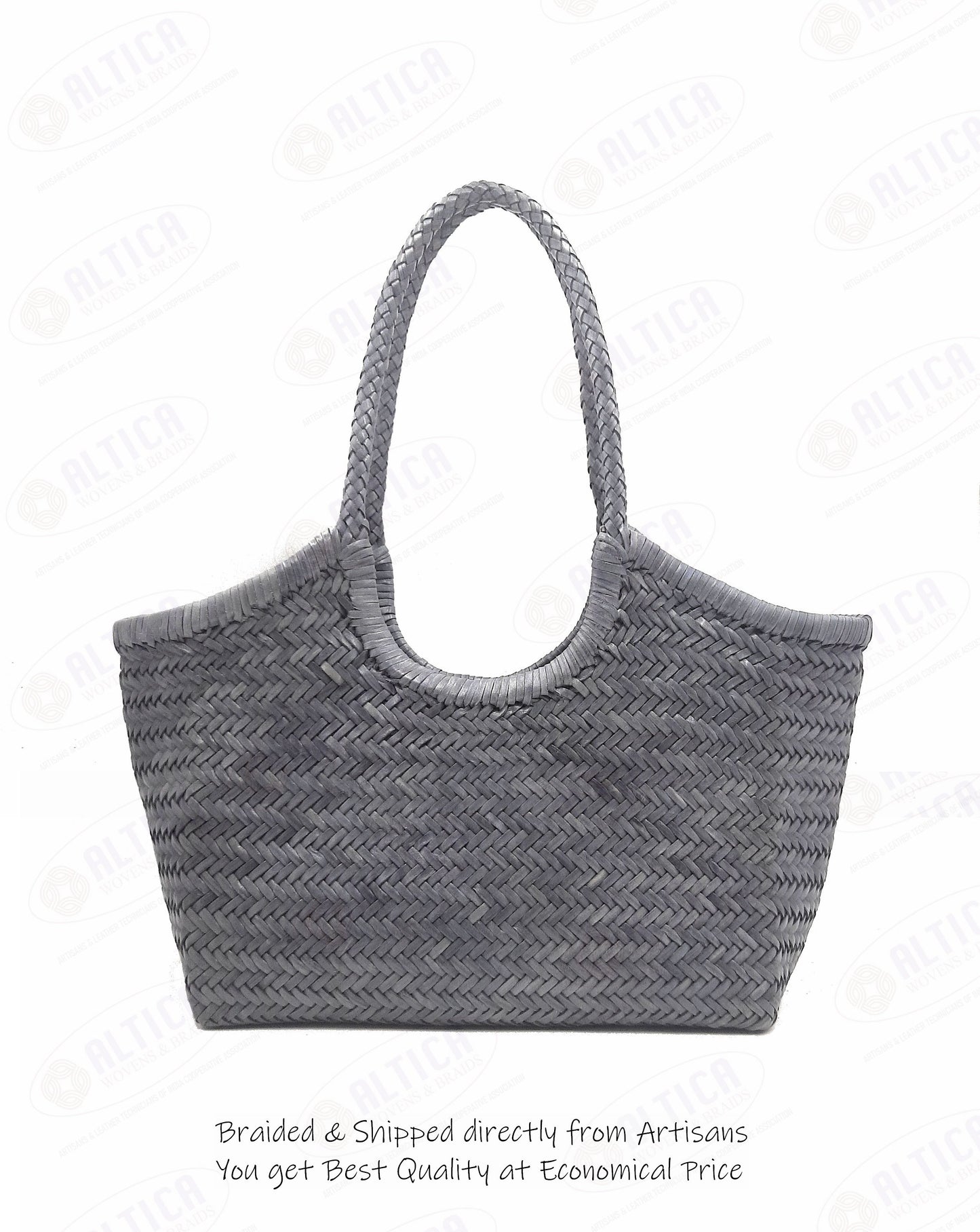 Genuine Leather Hand Woven Ladies Hobo Bag - MONALISA - STEEL GRAY