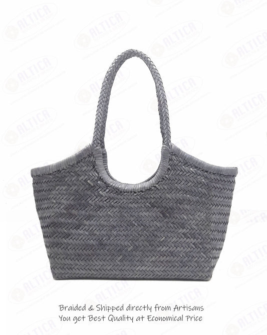 Genuine Leather Hand Woven Ladies Hobo Bag - MONALISA - STEEL GRAY