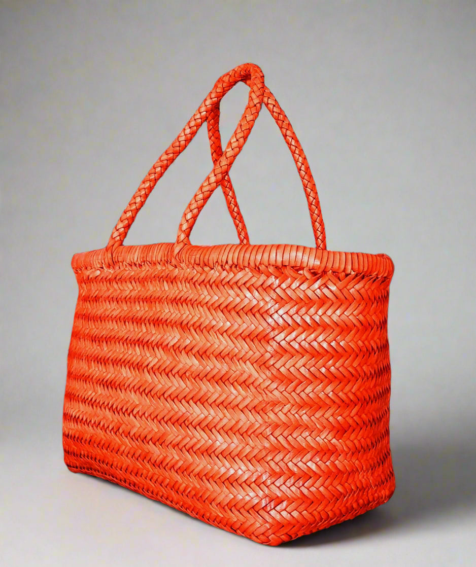 Genuine Leather Hand Woven Triple Jump Bamboo Style Ladies Tote Bag - CINDRELLA - ORANGE