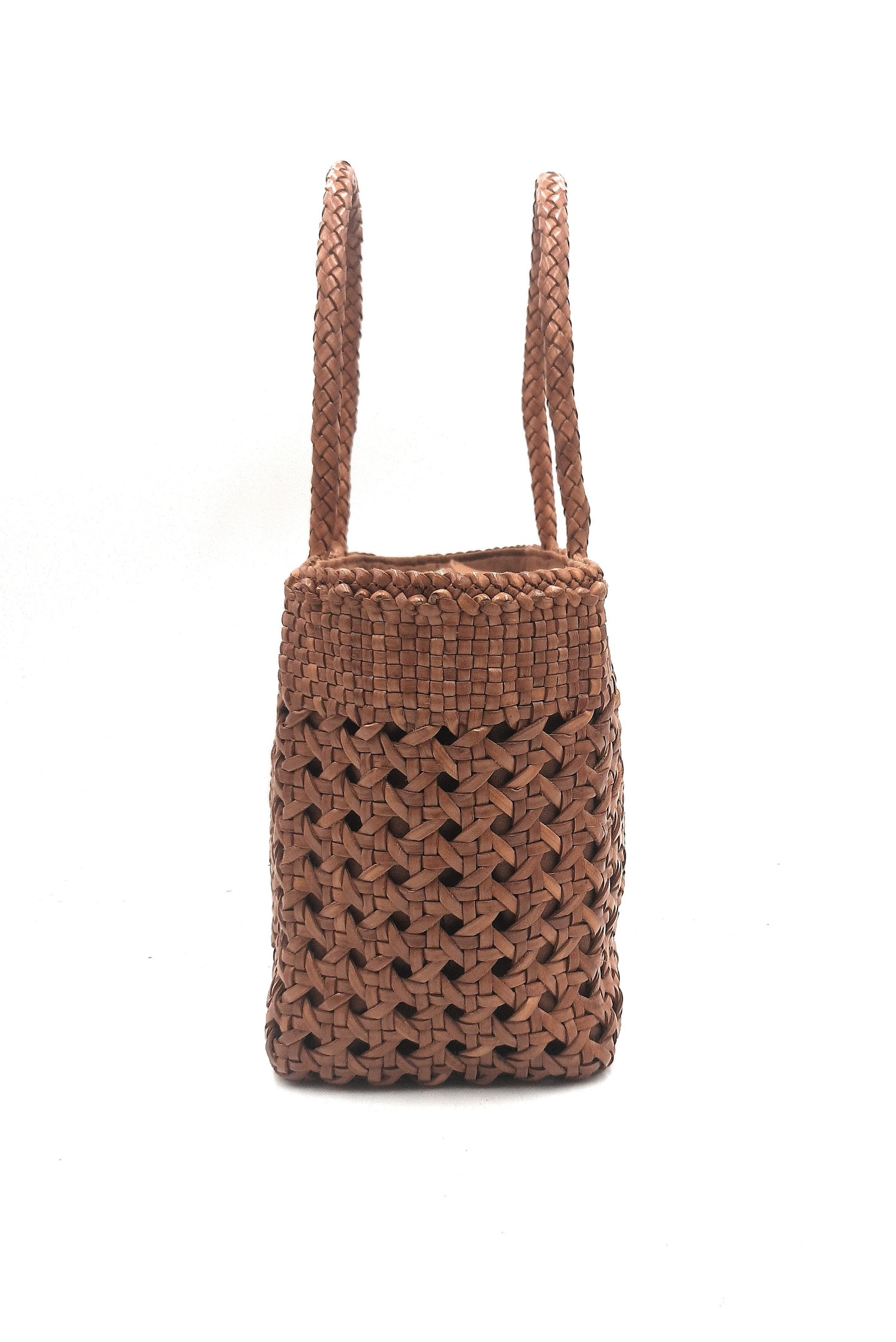 Brown woven handbag with braided handles on a white background