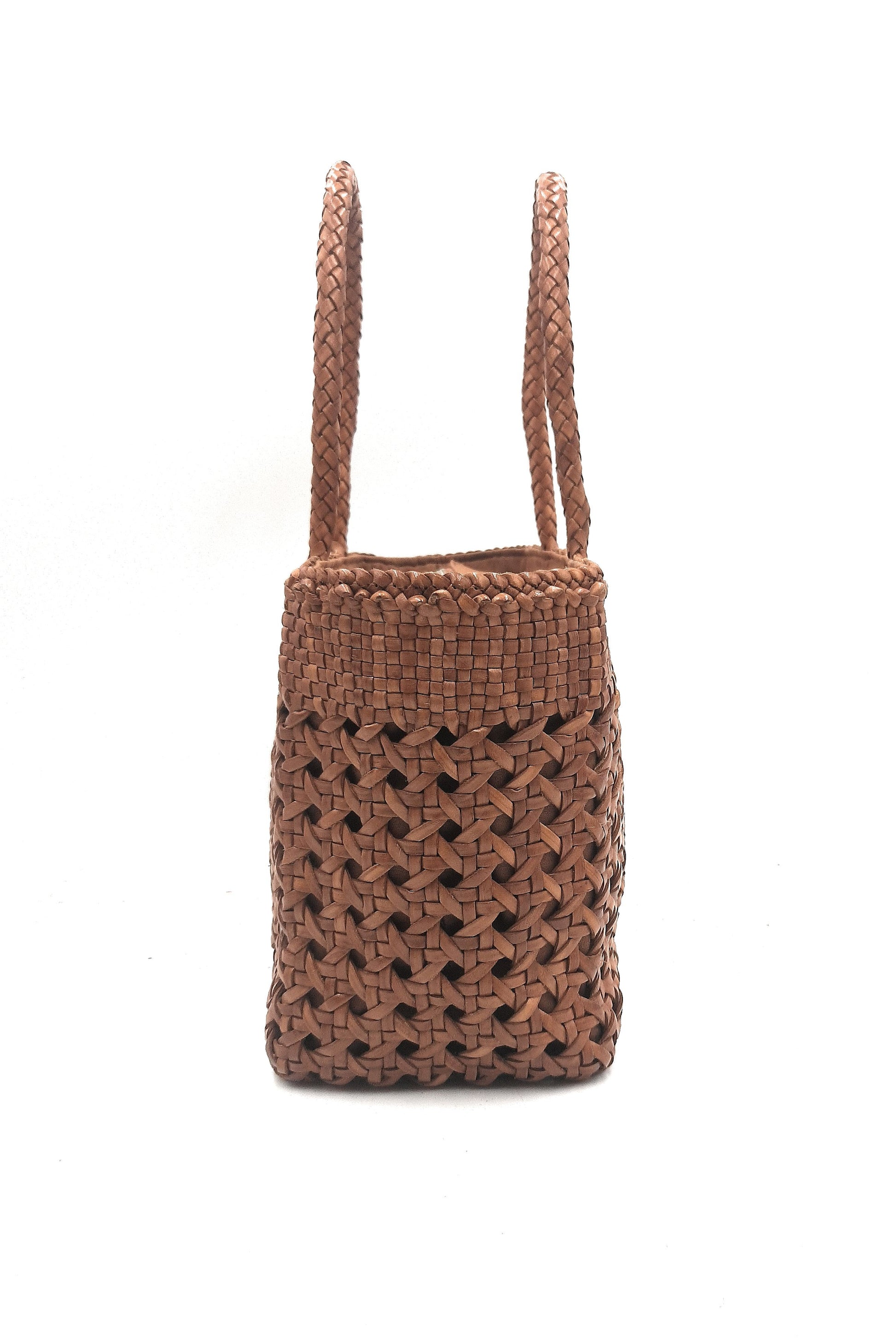 Brown woven handbag with braided handles on a white background