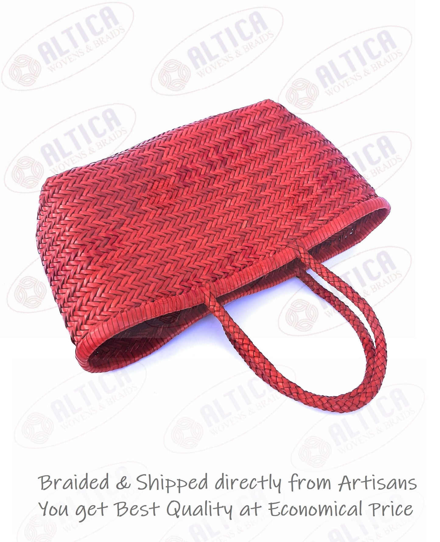Genuine Leather Hand Woven Triple Jump Bamboo Style Ladies Tote Bag - CINDRELLA - RED