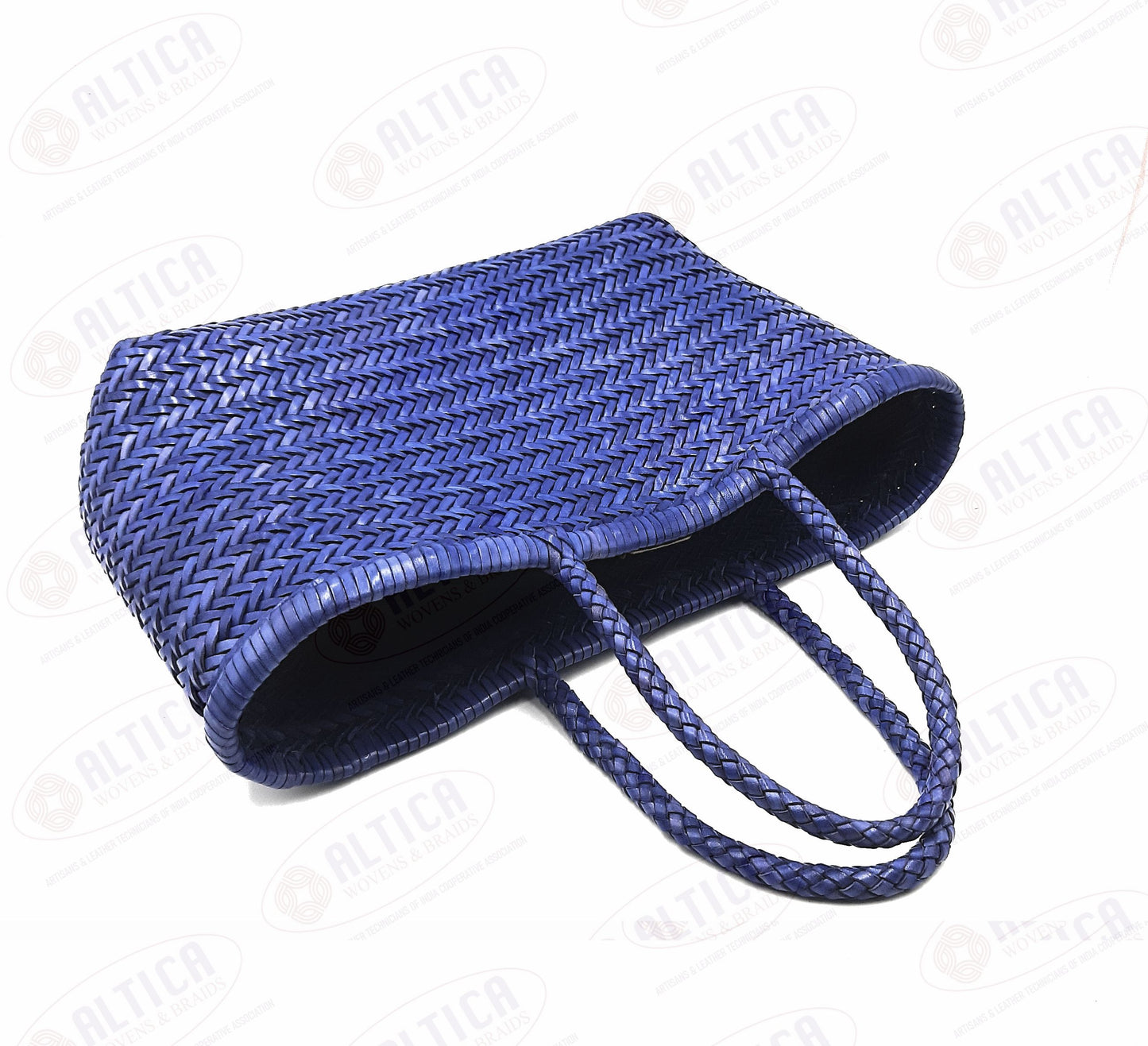Genuine Leather Hand Woven Triple Jump Bamboo Style Ladies Tote Bag - CINDRELLA - ROYAL BLUE
