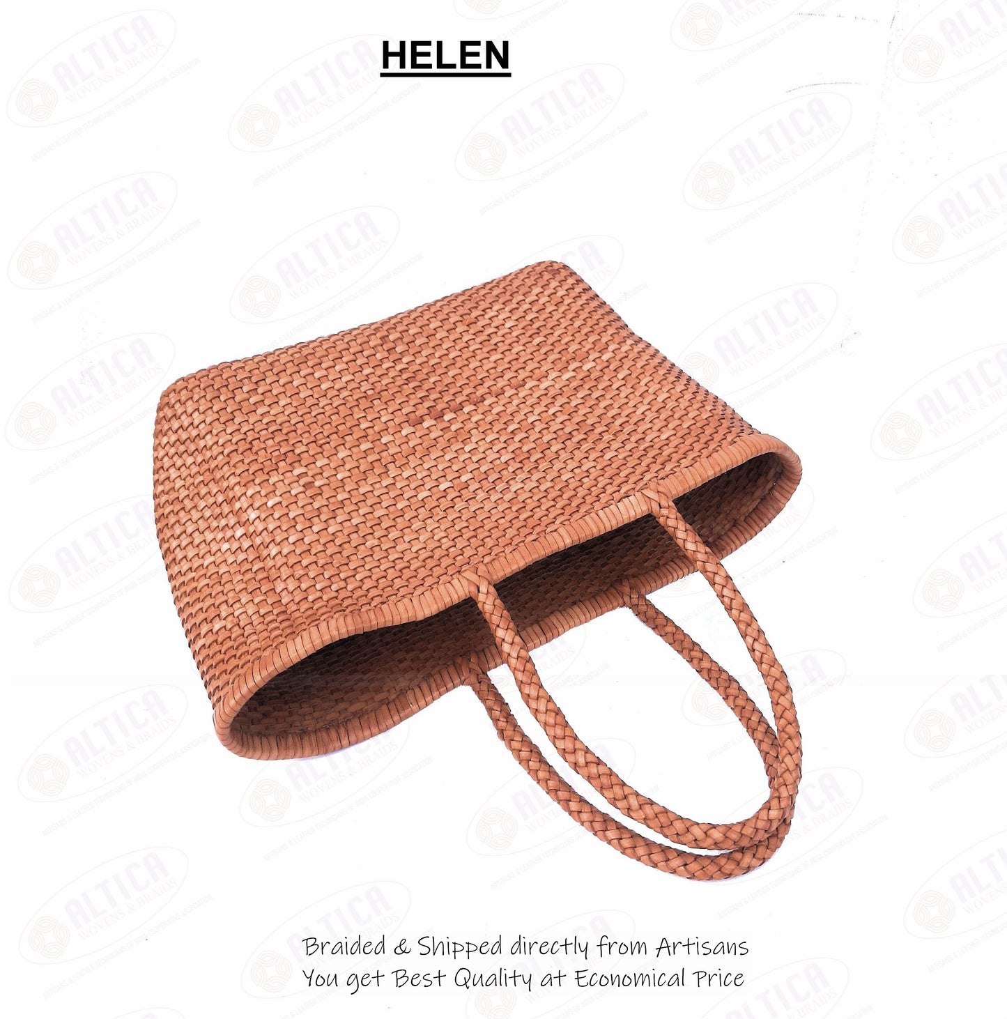 Genuine Leather Hand Woven Bamboo Style Ladies Tote Bag - HELEN - TAN