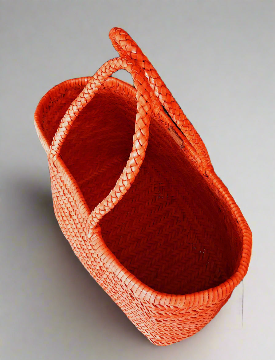 Genuine Leather Hand Woven Triple Jump Bamboo Style Ladies Tote Bag - CINDRELLA - ORANGE