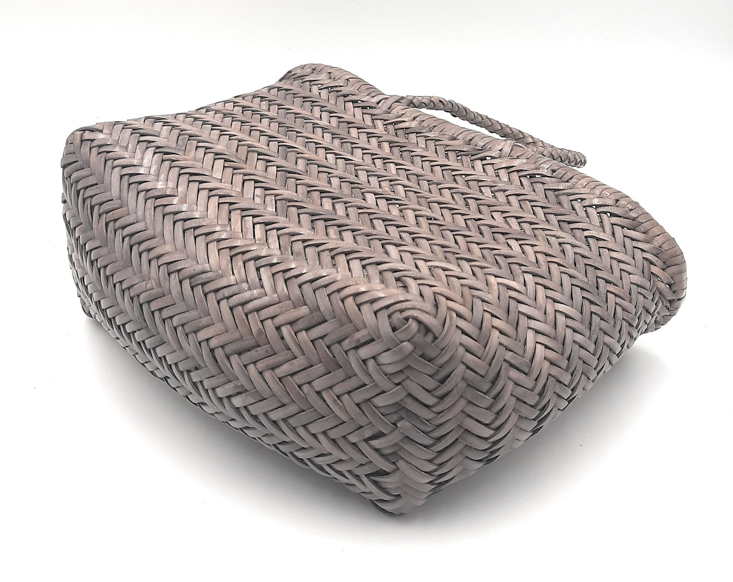 Genuine Leather Hand Woven Triple Jump Bamboo Style Ladies Tote Bag - CINDRELLA - LIGHT GRAY