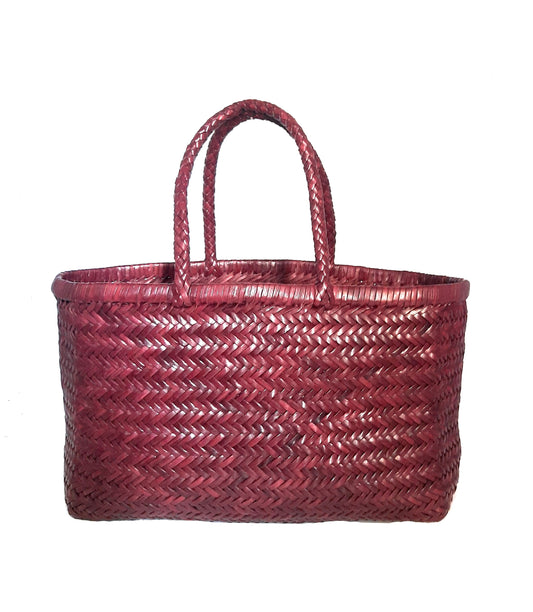 Genuine Leather Hand Woven Triple Jump Bamboo Style Ladies Tote Bag - CINDRELLA - BORDO