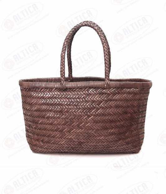 Genuine Leather Hand Woven Triple Jump Bamboo Style Ladies Tote Bag - CINDRELLA - MEDIUM BROWN