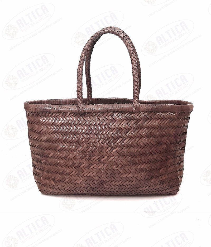 真皮手工编织三级跳远竹子风格女士手提包 - 灰姑娘 - 中棕色